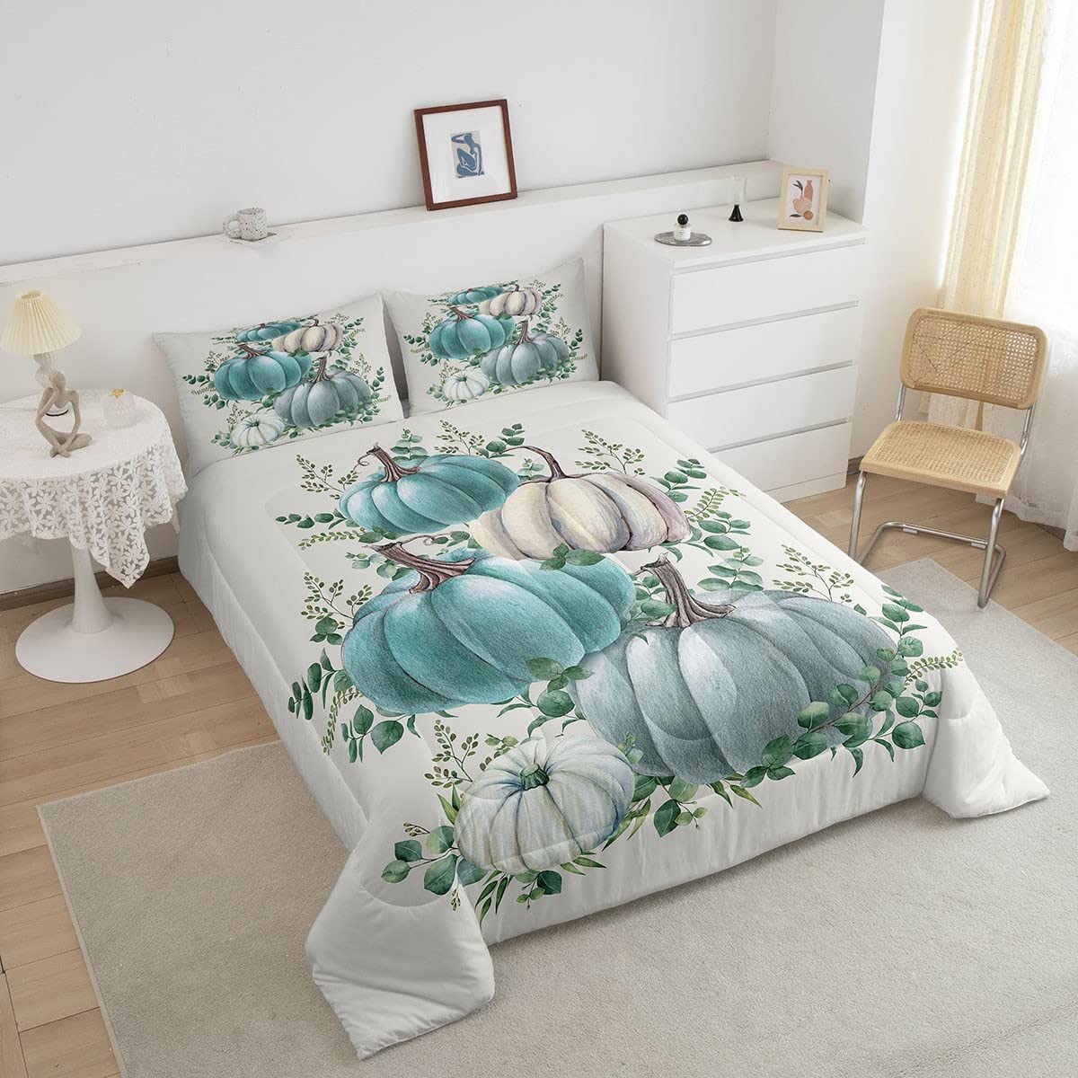 Eucalyptus Leaves Pumpkin Bedding Set Autumn Thanksgiving Duvet Insert King for Kids Boys Girls Bedroom,Fall Seasonal Holiday Comforter Set Rustic Farmhouse Duvet Sets Soft with 2 Pillowcases