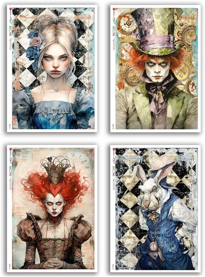 Steampunk Alice in Wonderland Rice Paper Bundle, 8 Sheets