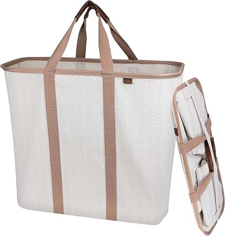 Collapsible Laundry Caddy, Cream Herringbone, 2 Pack