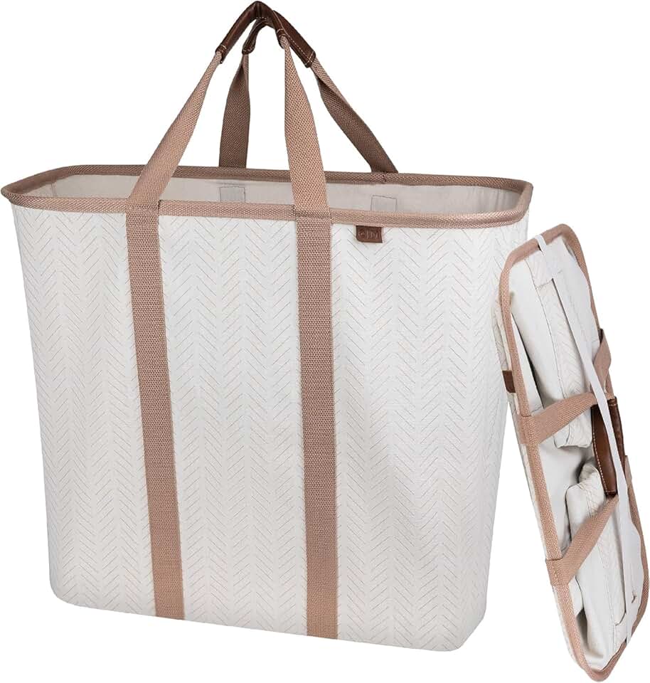 Collapsible Laundry Caddy, Cream Herringbone, 2 Pack