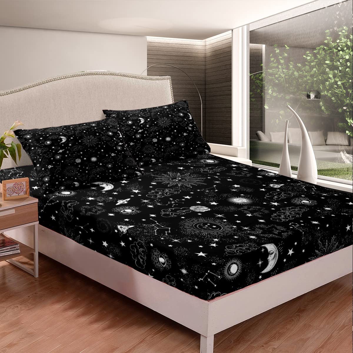 Sun and Moon Fitted Sheet Set Full Size 4 Pcs,Starry axy Boho Hippie Constellation,Bedding Sets 1 Fitted,1 Flat,2 Pillowcases) Deep Pocket Bed Sheets