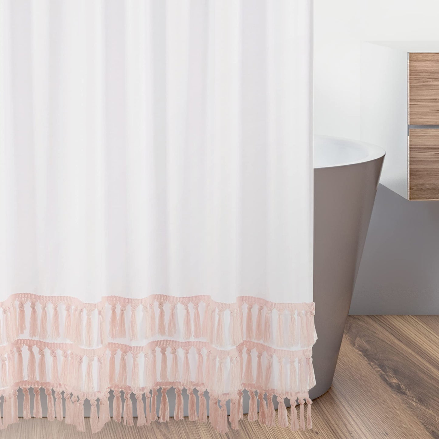 Boho Bohemian Bathroom Fabric Bath Shower Curtain  Blush Pink and White Farmhouse Shabby Chic Designer Modern Minimalist Tel Fringe Macrame Cotton