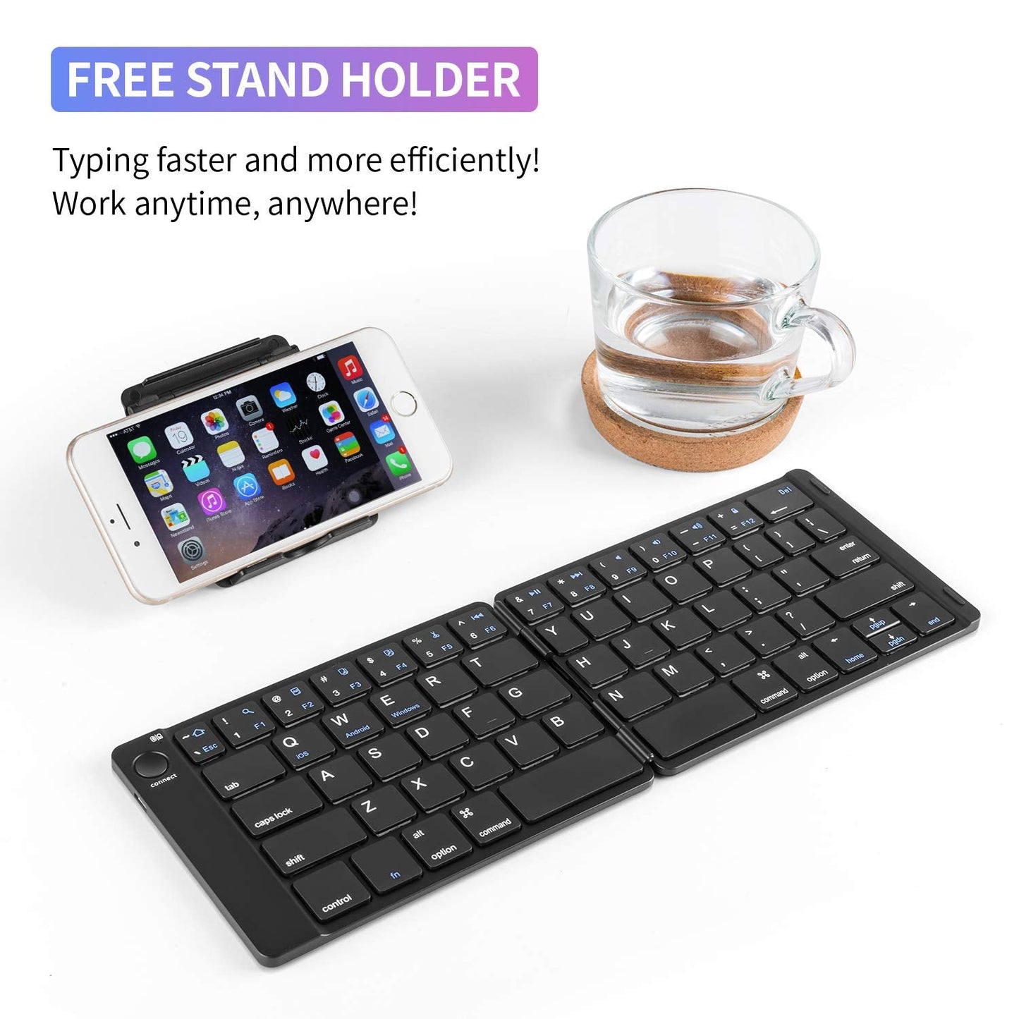 Foldable Bluetooth Keyboard - Portable Wireless Keyboard with Stand Holder, Rechargeable Full Size Ultra Slim Folding Keyboard Compatible IOS Android Windows Smartphone Tablet and Laptop-Black