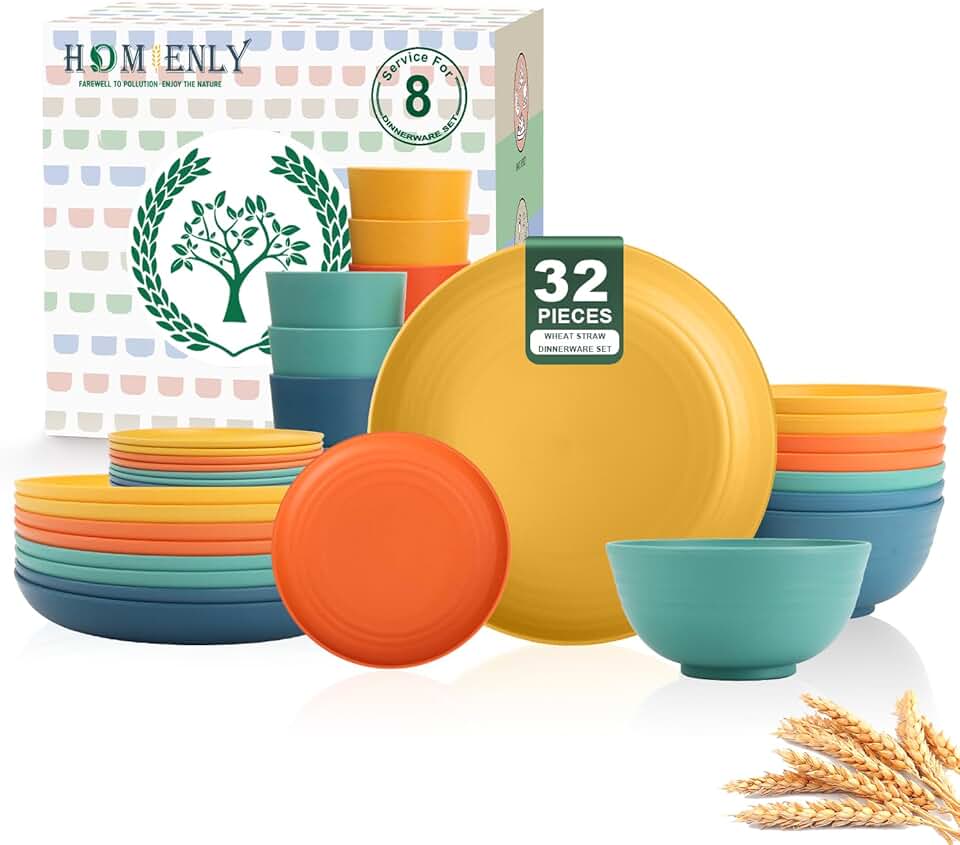 Colorful 32-Piece Wheat Straw Dinnerware Set