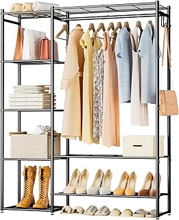 Portable wardrobe with 4-tier shelves for hanging clothes