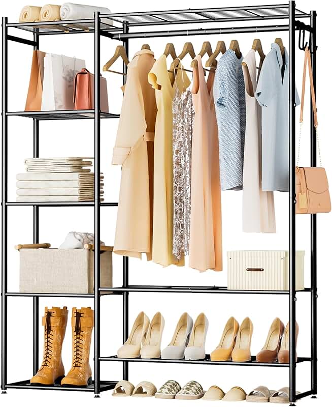 Portable wardrobe with 4-tier shelves for hanging clothes