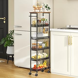 Slim 6-Tier Mobile Storage Cart with Wooden Top