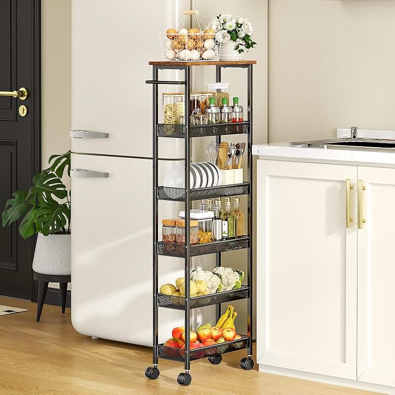 Slim 6-Tier Mobile Storage Cart with Wooden Top