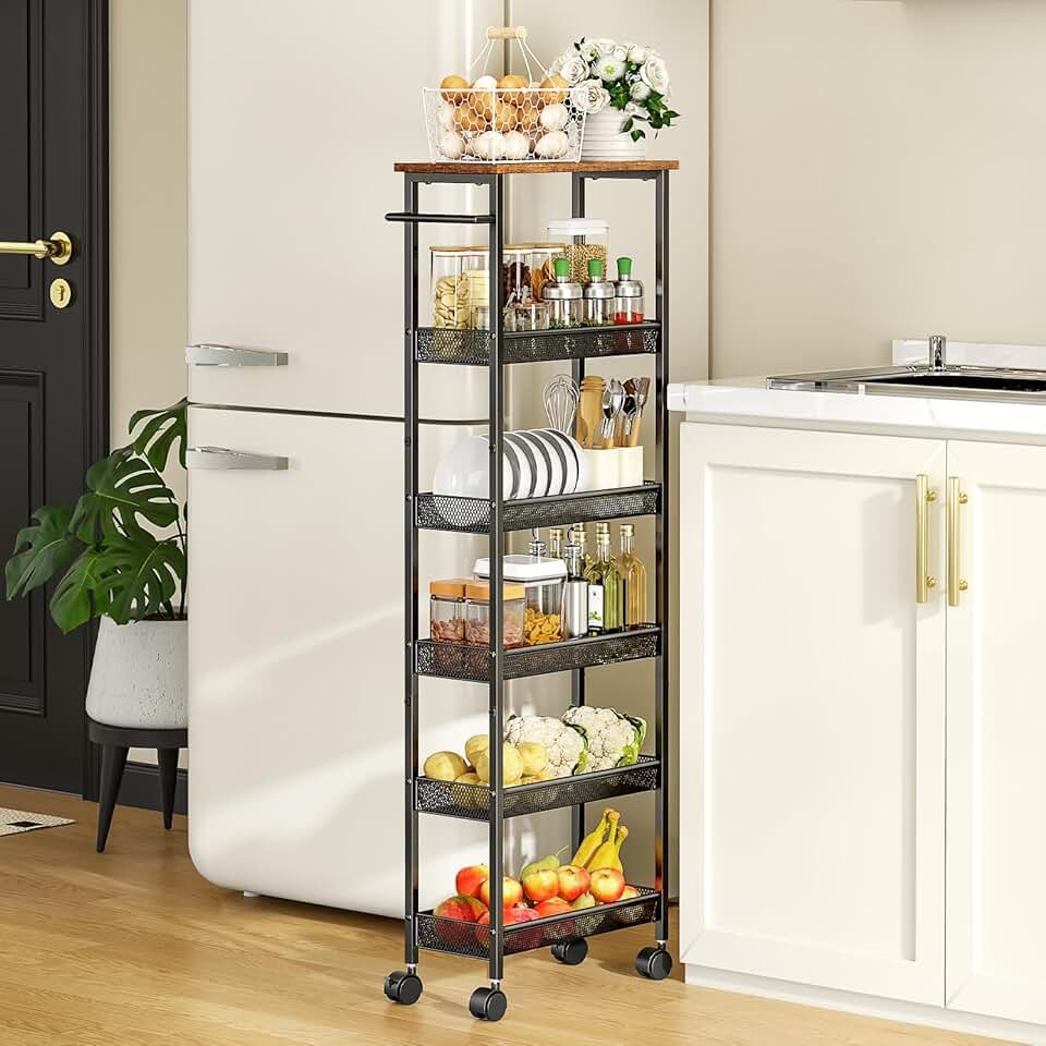 Slim 6-Tier Mobile Storage Cart with Wooden Top