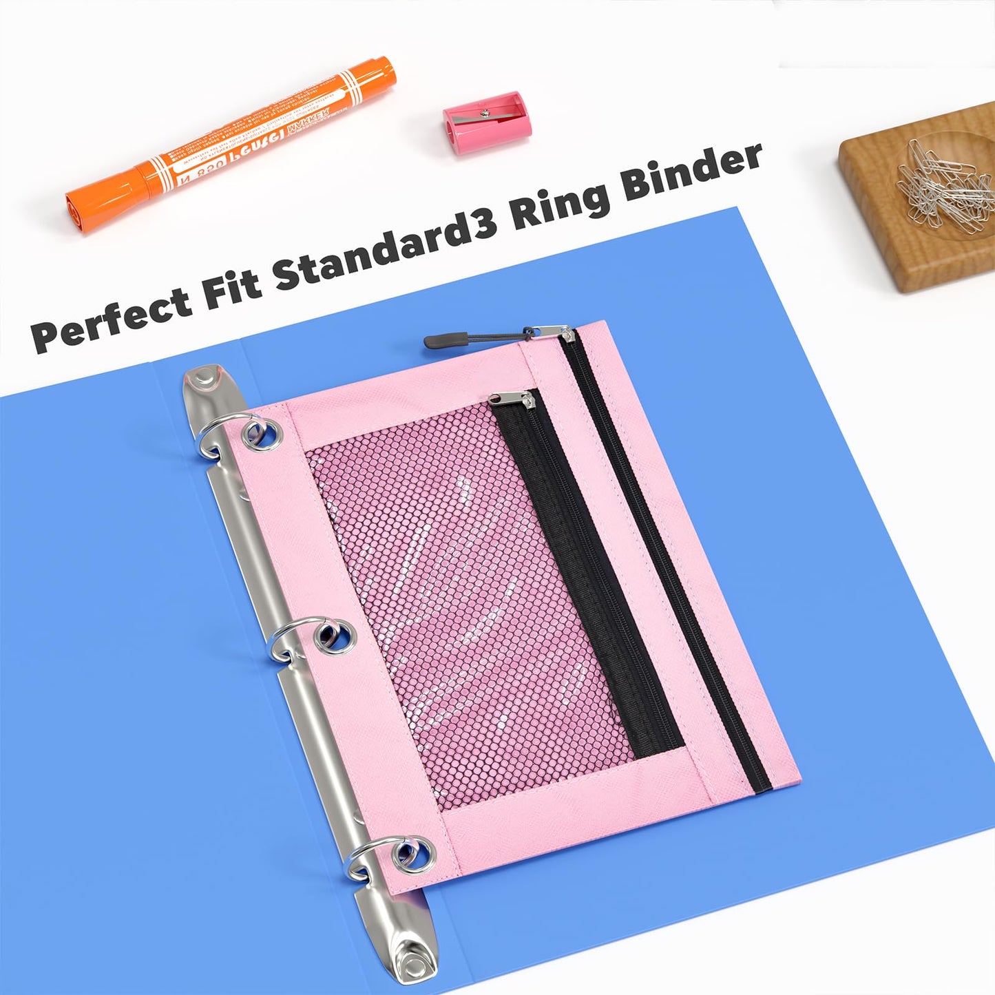 8-Pack Multi-Color 3-Ring Pencil Pouches with Zipper