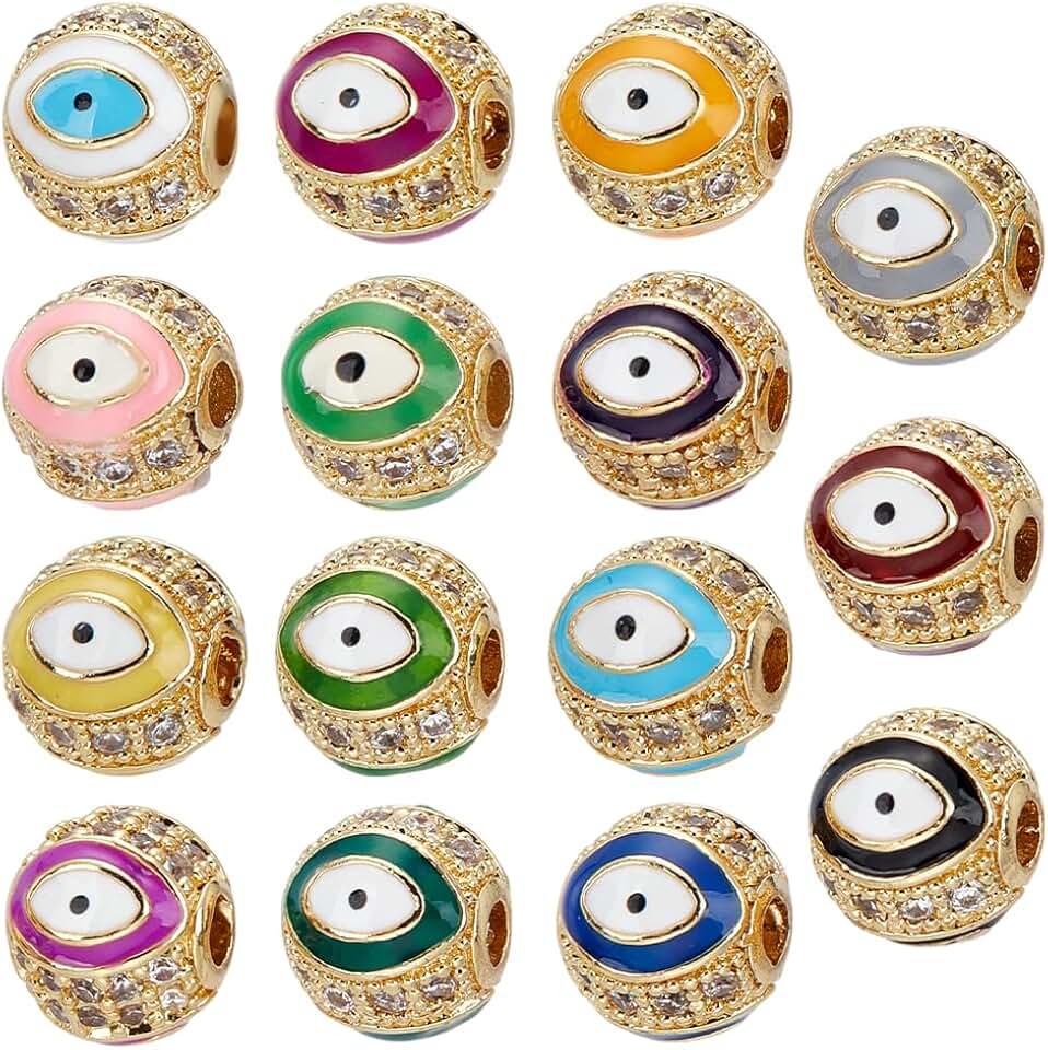 15Pcs Evil Eye Brass Beads for Jewelry Making