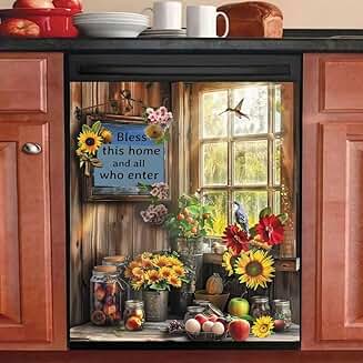 Sunflower and Bird Dishwasher Magnet Cover, 23x26 in