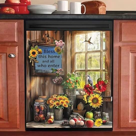 Sunflower and Bird Dishwasher Magnet Cover, 23x26 in