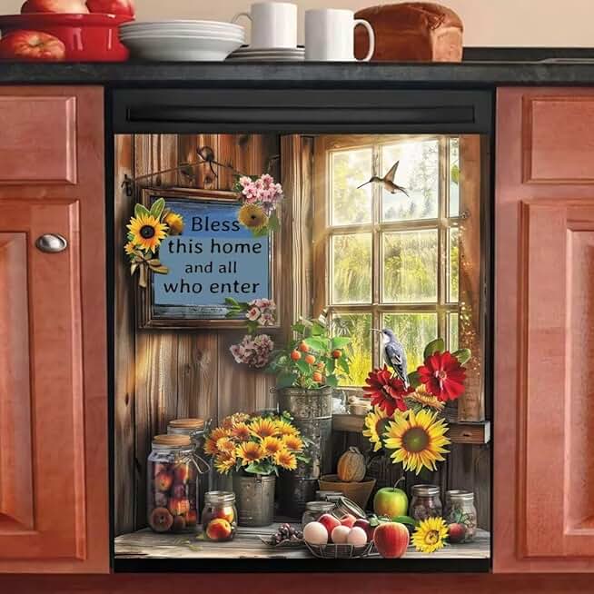 Sunflower and Bird Dishwasher Magnet Cover, 23x26 in