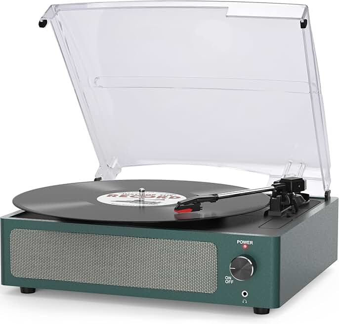 Portable vinyl record player with built-in speakers and wireless receiver
