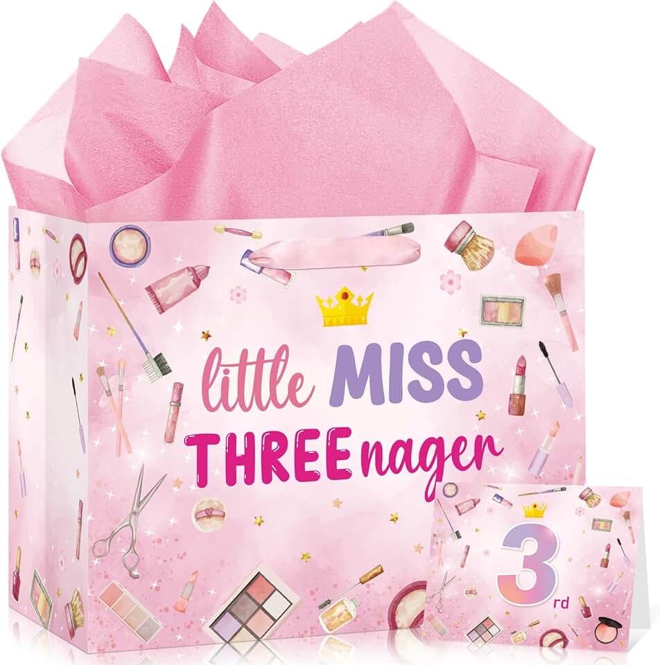 Pink birthday gift bag for 3-year-old girls