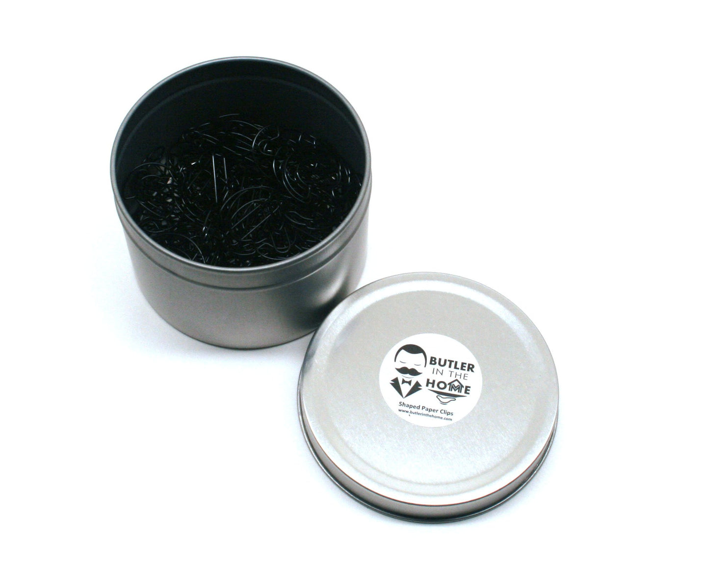 Black Paper Clips with Letter C in Tin