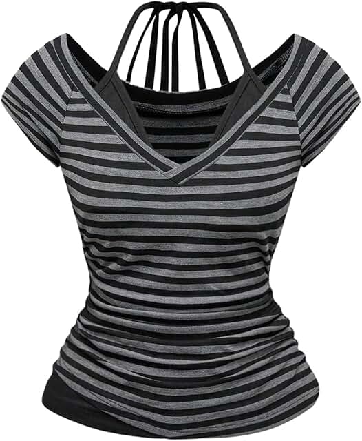Women's Striped Short Sleeve Halter Top