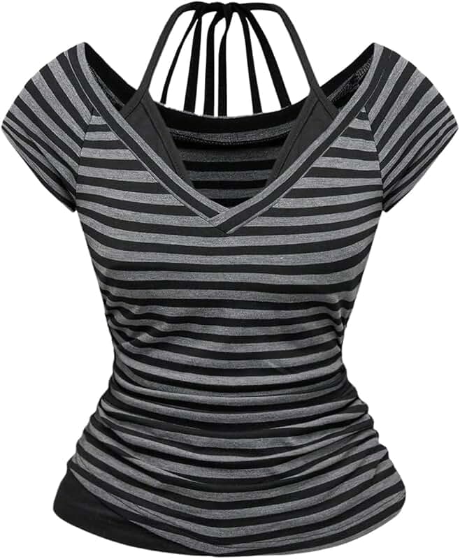 Women's Striped Short Sleeve Halter Top