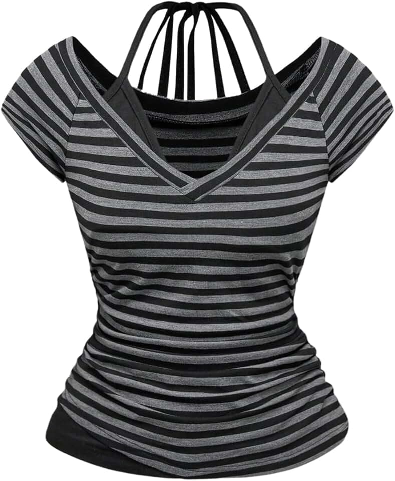 Women's Striped Short Sleeve Halter Top