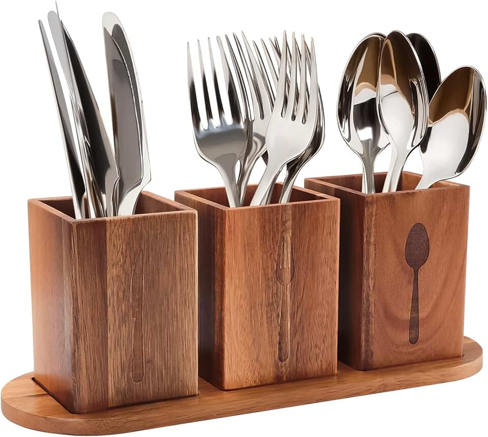 Wooden Acacia Utensil Holder with Tray