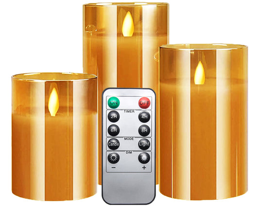 Amber Flickering Flameless Candles Battery Operated with Remote and Timer, Gl Real Wax LED Pillar Candles with Moving Wicks for Fall  Pack of 3 D 3H 456)