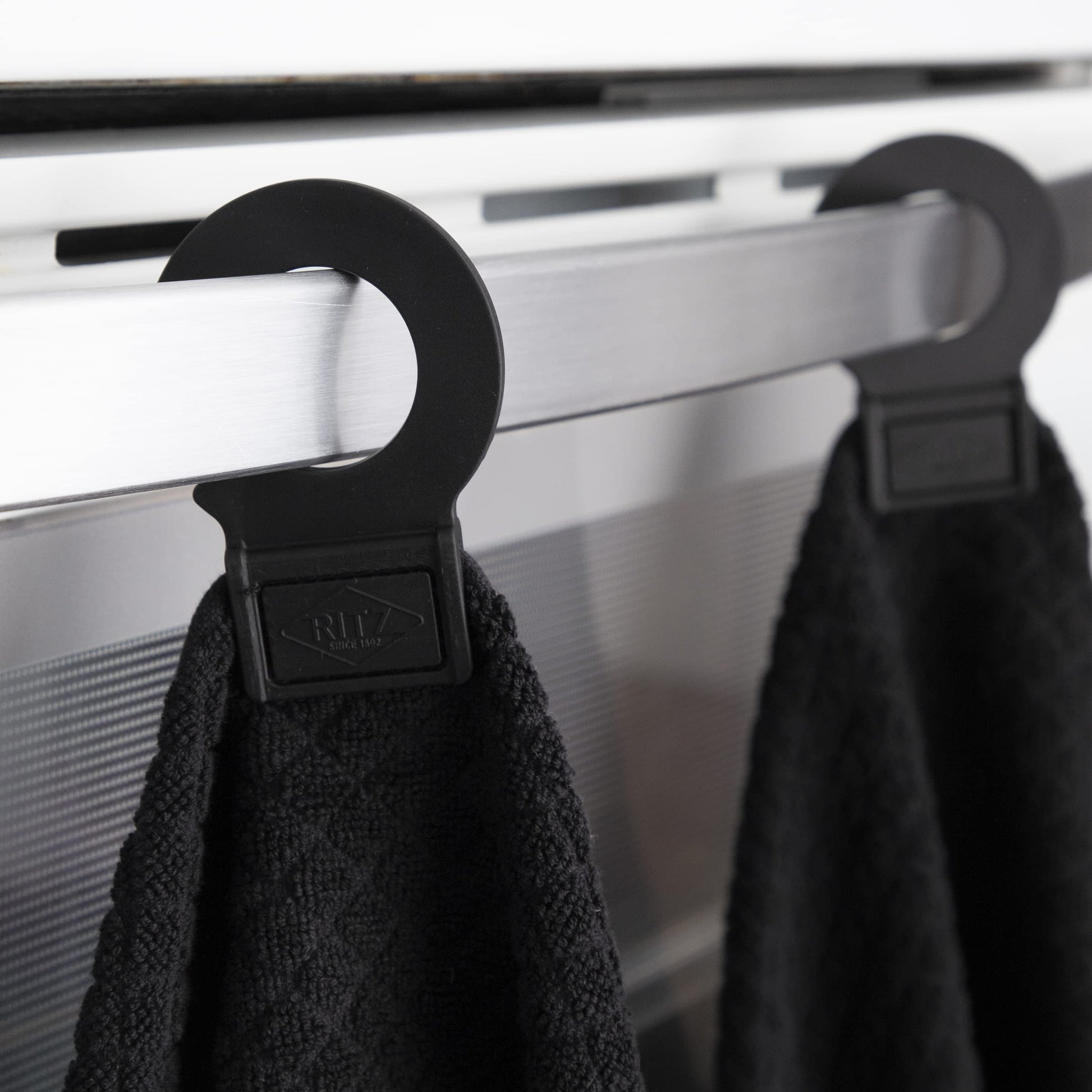 Hook and Hang Towel with Permanent Rubber Hook for Kitchen, Bathroom, Mudroom, Laundry Room, Extra-Large, 18" X 28", Machine Washable, 2 Pack, Black