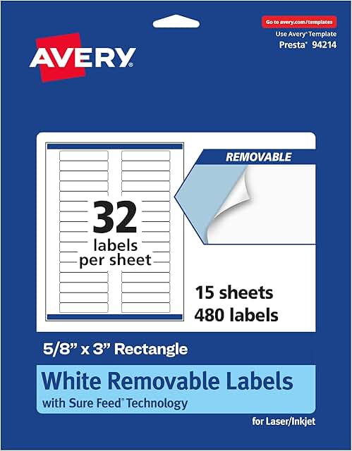 Matte White Removable Rectangle Labels, 5/8" x 3", 480 sheets