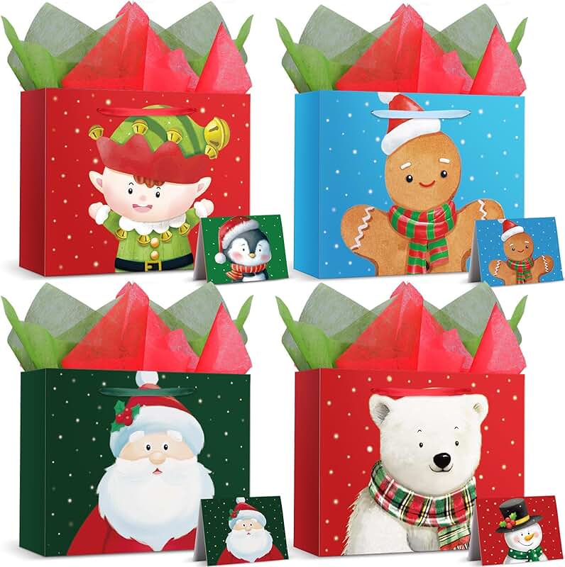 Set of four large Christmas gift bags with tissue paper and greeting cards