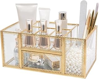 Clear glass makeup organizer with gold brush holder