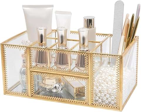 Clear glass makeup organizer with gold brush holder