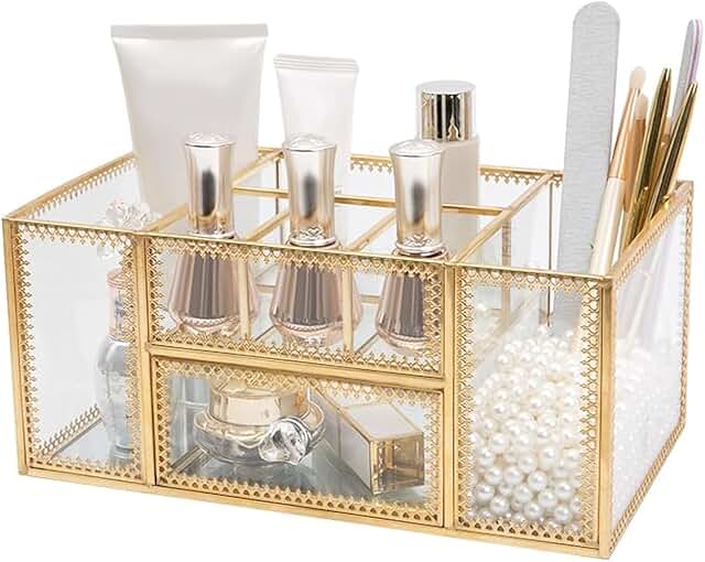 Clear glass makeup organizer with gold brush holder