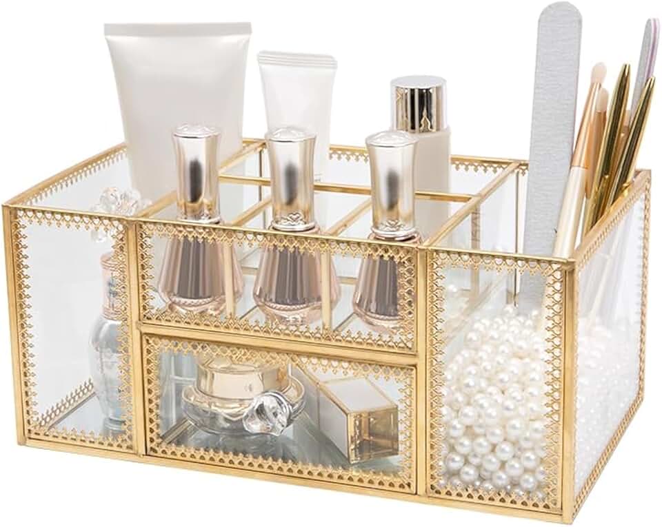 Clear glass makeup organizer with gold brush holder