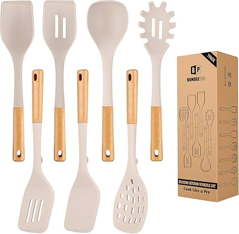 7-Piece Silicone Kitchen Utensil Set with Wooden Handles