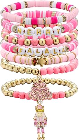 Set of 7 Pink Nutcracker Beaded Stretch Bracelets for Girls and Women
