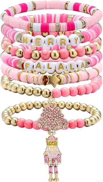 Set of 7 Pink Nutcracker Beaded Stretch Bracelets for Girls and Women