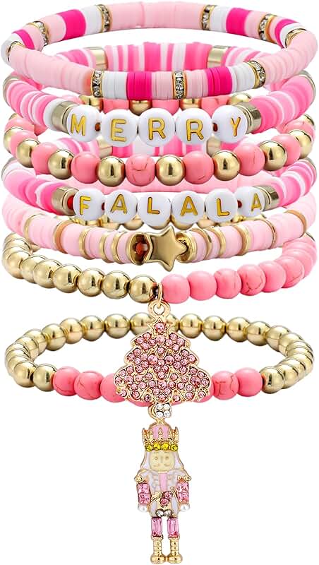 Set of 7 Pink Nutcracker Beaded Stretch Bracelets for Girls and Women