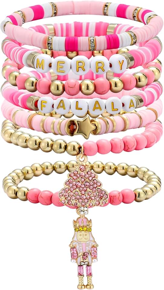Set of 7 Pink Nutcracker Beaded Stretch Bracelets for Girls and Women