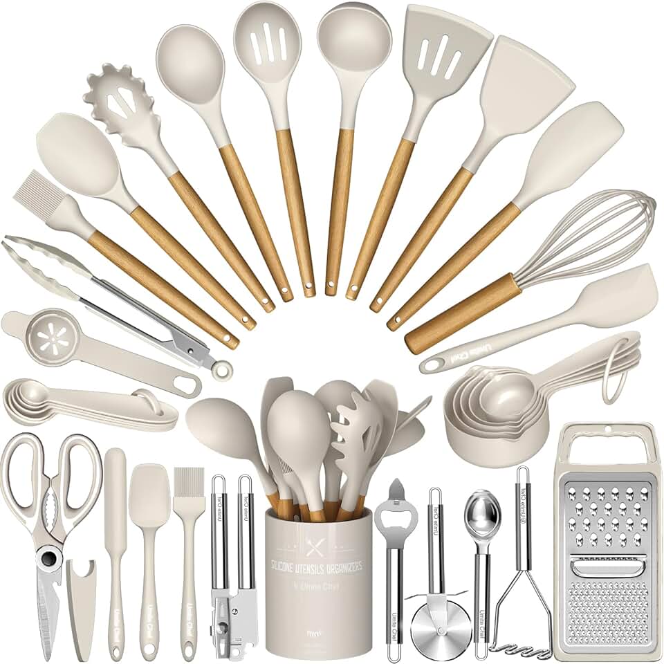 34-Piece Silicone Kitchen Utensil Set with Grater and Wood Handles