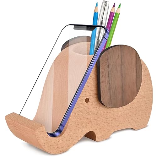 Wooden Elephant Phone Stand with Pen Holder and Desk Organizer