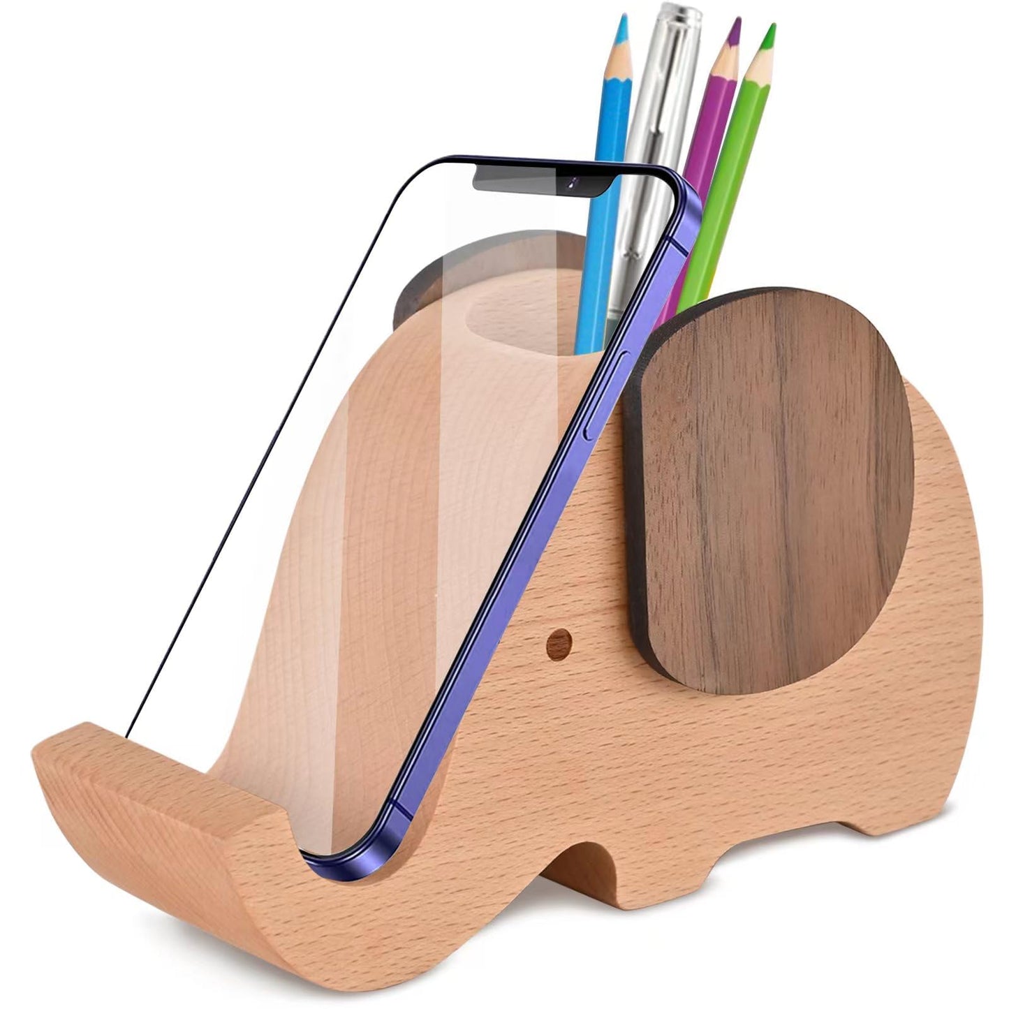 Wooden Elephant Phone Stand with Pen Holder and Desk Organizer