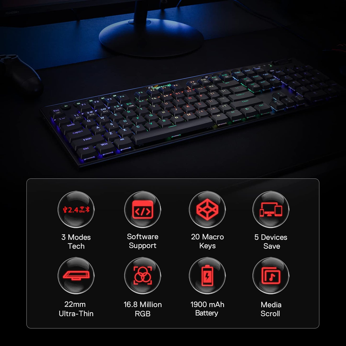 K618 Horus Wireless RGB Mechanical Keyboard, Bluetooth/2.4Ghz/Wired Tri-Mode Ultra-Thin Low Profile Gaming Keyboard w/No-Lag Cordless Connection, Dedicated Media Control & Linear Red Switch