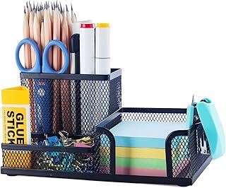 Black Mesh Pen and Pencil Holder with Sticky Notes