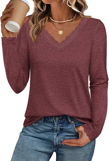 Casual Lace V-Neck Long Sleeve T-Shirt for Women