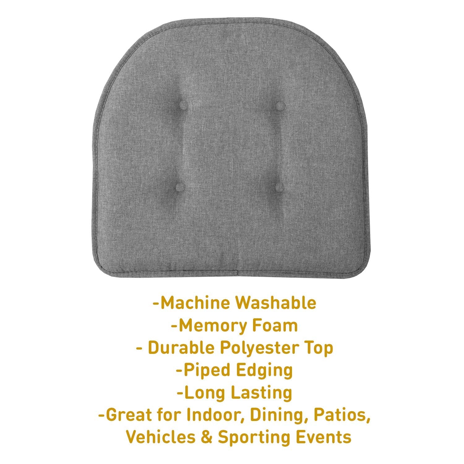 Chair Cushion Memory Foam Pads Tufted Non Skid Rubber Back U-Shaped 17" x 16" Seat Cover, 4 Count Pack of 1), Grey