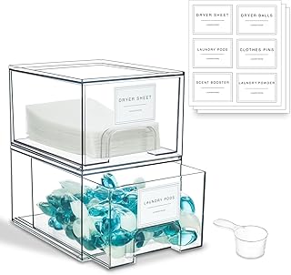 Two Clear Stackable Laundry Storage Containers with Labels