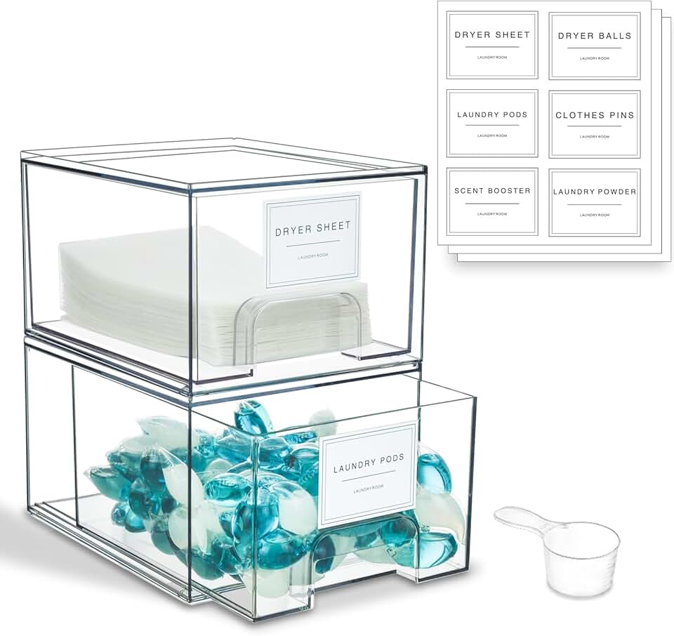 Two Clear Stackable Laundry Storage Containers with Labels