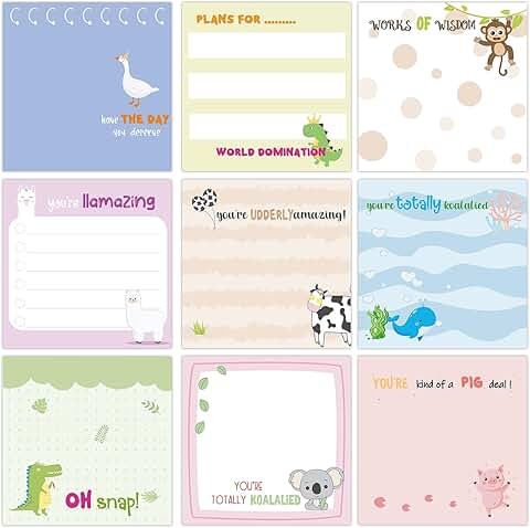 Set of 9 Cute Animal Sticky Note Pads, 3x3 Inches