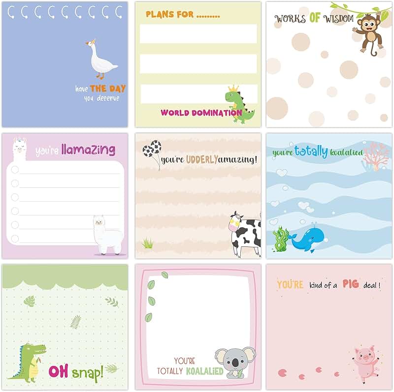Set of 9 Cute Animal Sticky Note Pads, 3x3 Inches