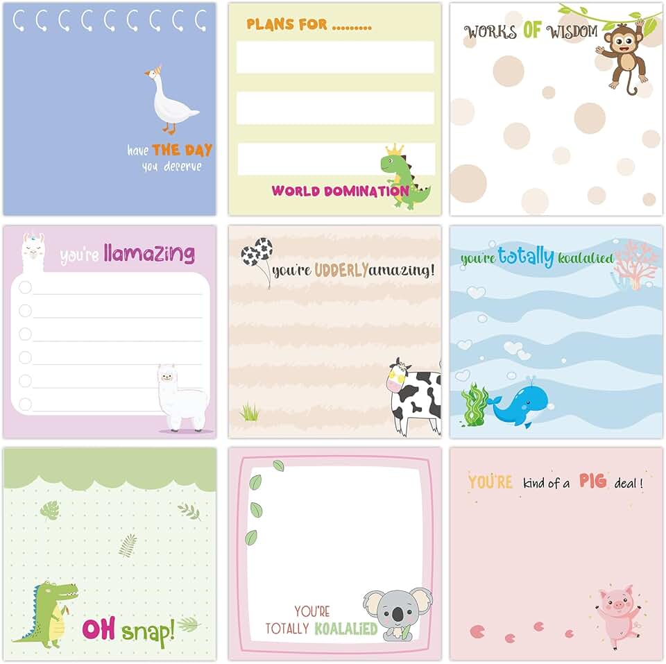 Set of 9 Cute Animal Sticky Note Pads, 3x3 Inches